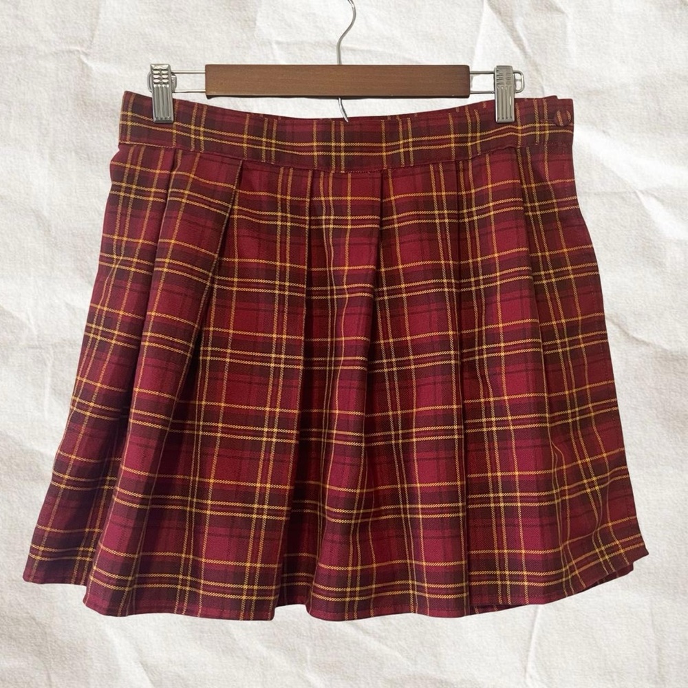 Plaid Pleated Skirt - Red and Yellow